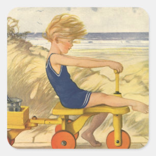 Vintage Boy Playing at the Beach with Sand Toys Square Sticker