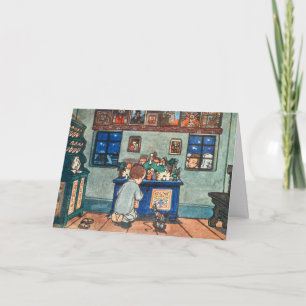 Vintage Boy Playing with Christmas Toys Painting Holiday Card