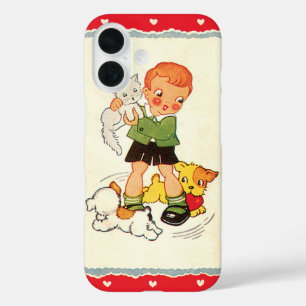 Vintage Boy Saving a Kitten from Racing Puppies iPhone 16 Case