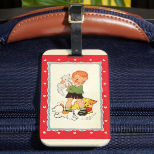 Vintage Boy Saving a Kitten from Racing Puppies Luggage Tag