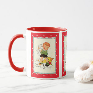 Vintage Boy Saving a Kitten from Racing Puppies Mug