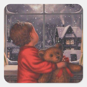 vintage boy watching Santa Claus Fly Over Square Sticker