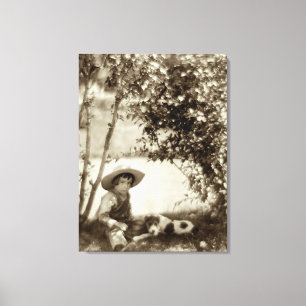 Vintage Boy With Dog At Rest Canvas Print