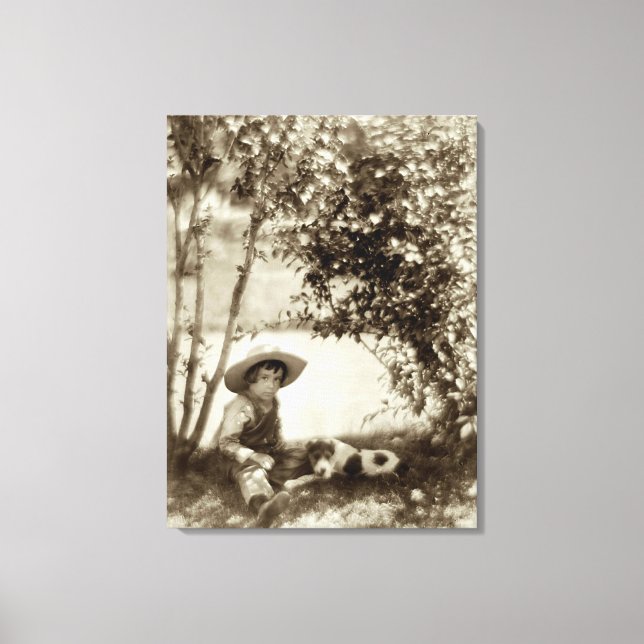 Vintage Boy With Dog At Rest Canvas Print (Front)