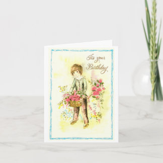 Vintage Boy with Flowers Birthday Card