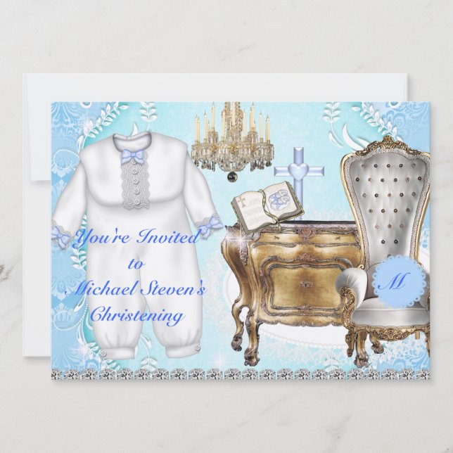 Vintage BOYS Christening Invitation DAMASK DESIGN (Front)