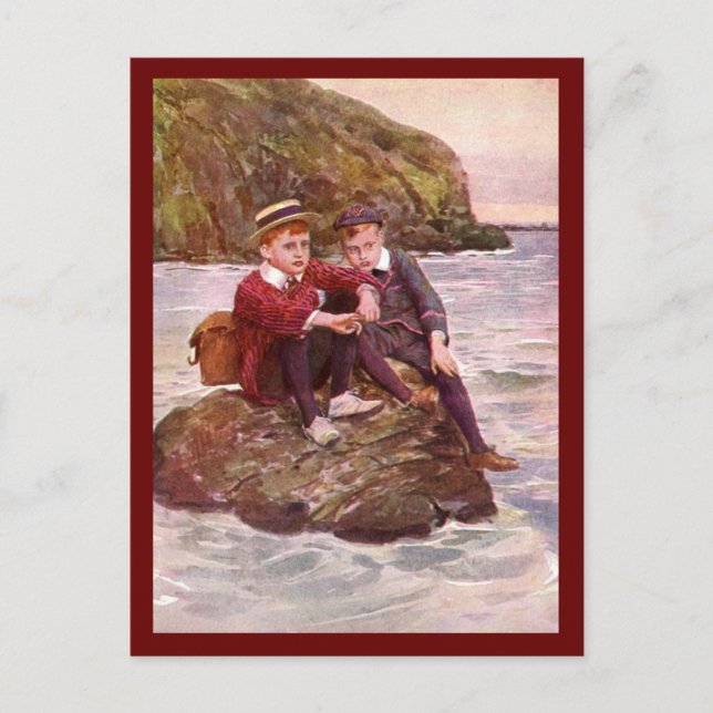 Vintage Boys Sitting On Rock Postcard (Front)