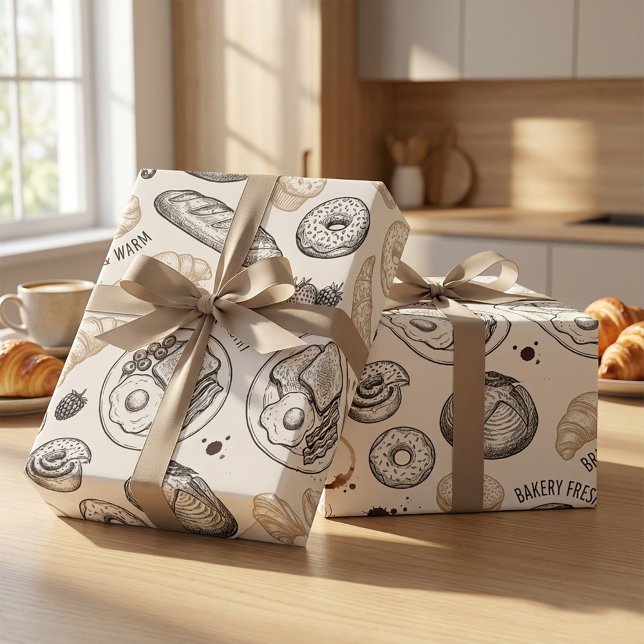 Vintage Breakfast Bakery Seamless Pattern Wrapping Paper (#giftwrap #wrappingpaper #giftboxmockup #packagingdesign #productmockup #mockupdesign #bakerydesign )