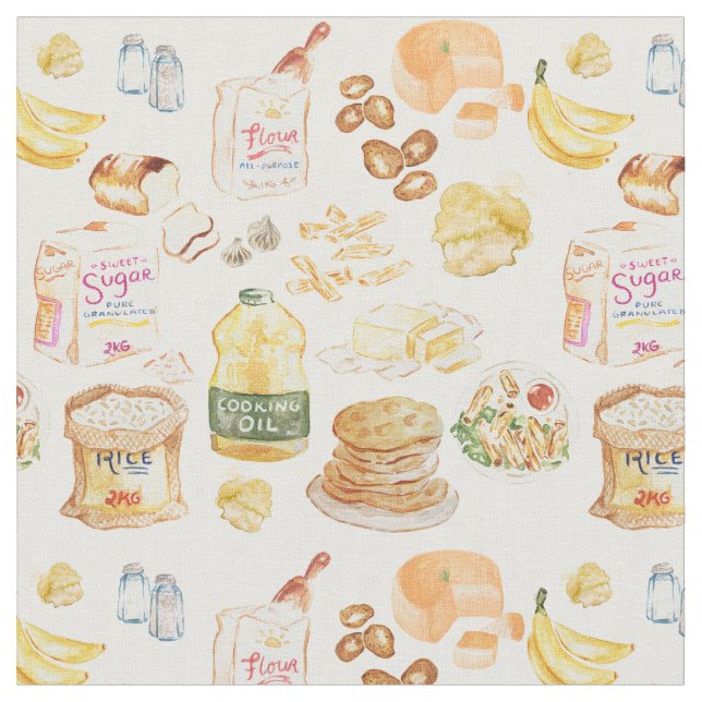 vintage breakfast water colour pattern- white fabric (Close Up)