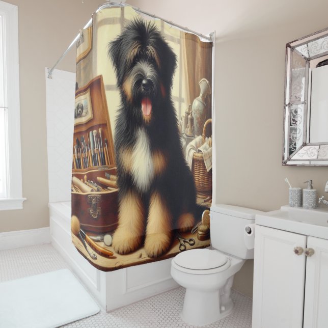 Vintage Briard Dog Painting Shower Curtain (In Situ)