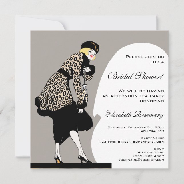 Vintage Bridal Shower Art Deco Woman Leopard Invitation (Front)