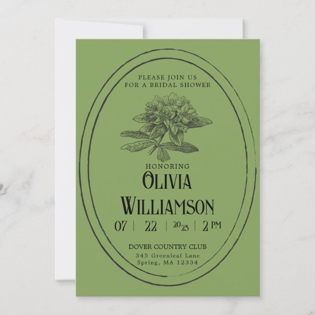 Vintage Bridal Shower Invitation | Mossy Green (Front)