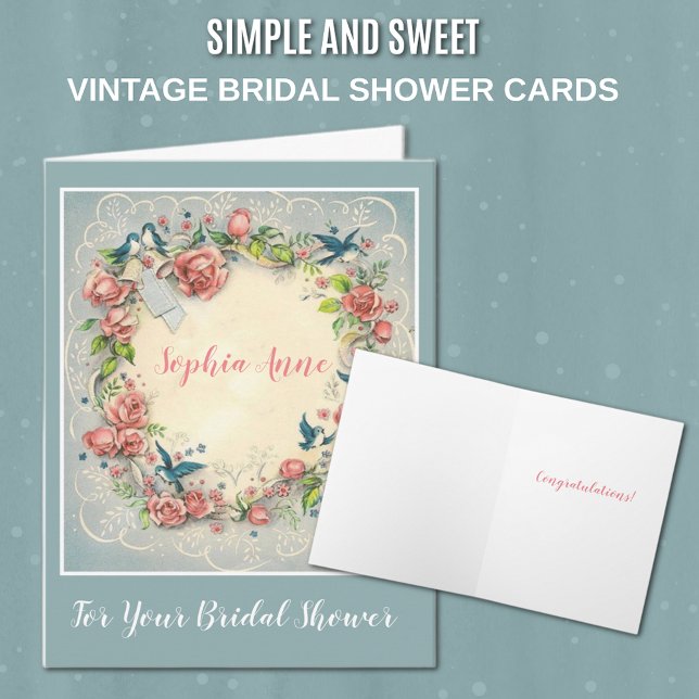 Vintage Bridal Shower Roses and blue birds Invitation (Sweet Vintage Bridal Shower Congratulations Card with roses and blue birds)
