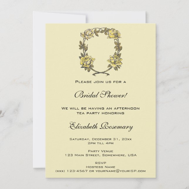 Vintage Bridal Shower, Yellow Garden Rose Wreath Invitation (Front)