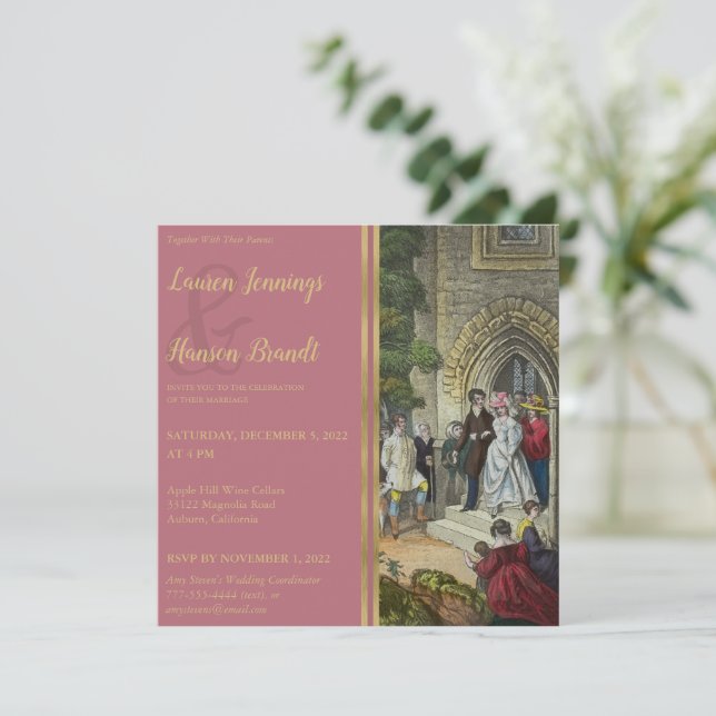 Vintage Bride and Groom Art Wedding Invitation (Standing Front)