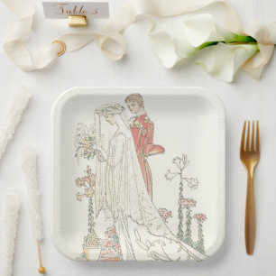 Vintage Bride and Groom Old Fashioned Wedding  Paper Plate