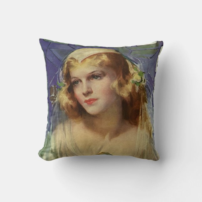 Vintage Bride holding a Bible, Religious Wedding Cushion (Front)