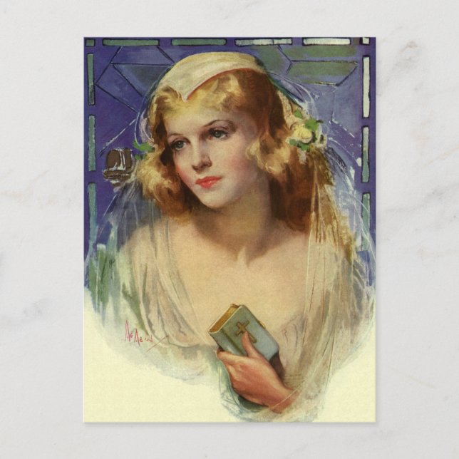 Vintage Bride holding a Bible, Religious Wedding Postcard (Front)