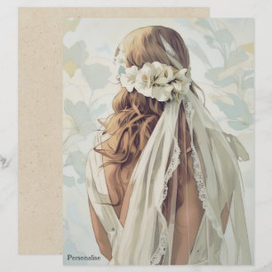 Vintage Bride White Flowers Veil Scrapbook Paper