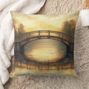 Vintage Bridge Over River Painting Countryside Cushion