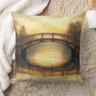 Vintage Bridge Over River Painting Countryside Cushion