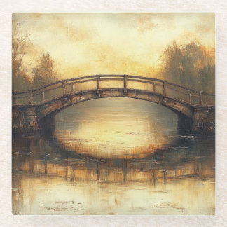Vintage Bridge Over River Painting Countryside Glass Coaster