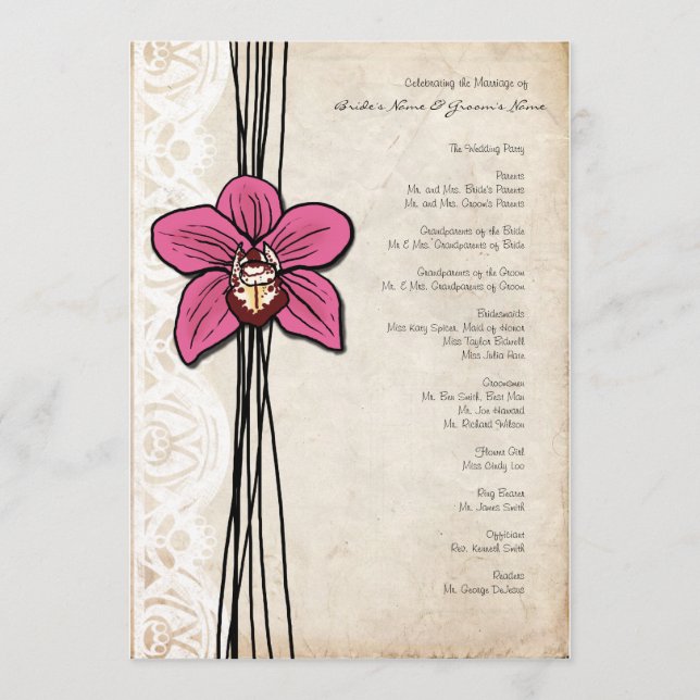 Vintage Bright Pink Orchid Wedding Program Programme (Front)