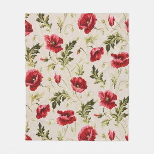 Vintage bright red poppies flower pattern fleece blanket