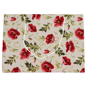 Vintage bright red poppies flower pattern large gift bag