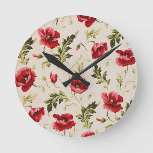 Vintage bright red poppies flower pattern round clock
