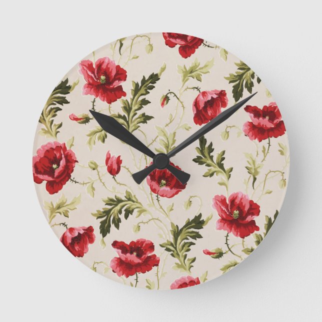 Vintage bright red poppies flower pattern  round clock (Front)