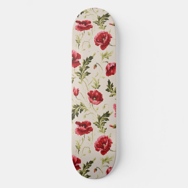 Vintage bright red poppies flower pattern  skateboard (Front)