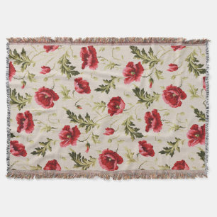 Vintage bright red poppies flower pattern throw blanket