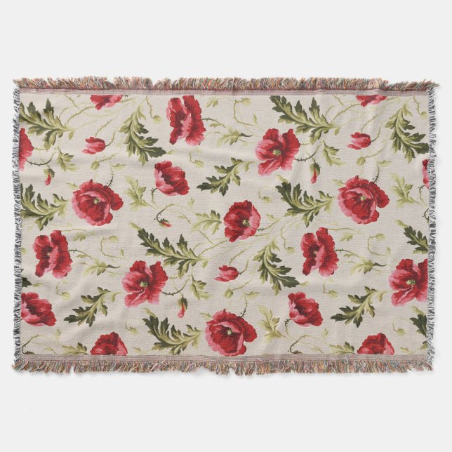 Vintage bright red poppies flower pattern  throw blanket (Front)