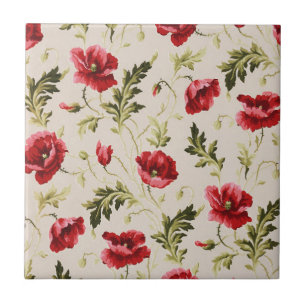 Vintage bright red poppies flower pattern tile