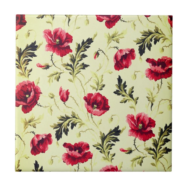 Vintage bright red poppies flower pattern  tile (Front)