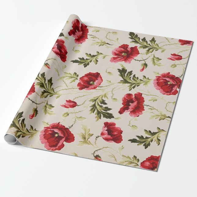 Vintage bright red poppies flower pattern  wrapping paper (Unrolled)