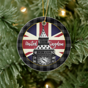 Vintage British Flag, Big Ben, buffalo plaid UK Ceramic Tree Decoration
