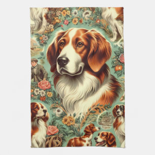 Vintage Brittany Dog Painting Tea Towel