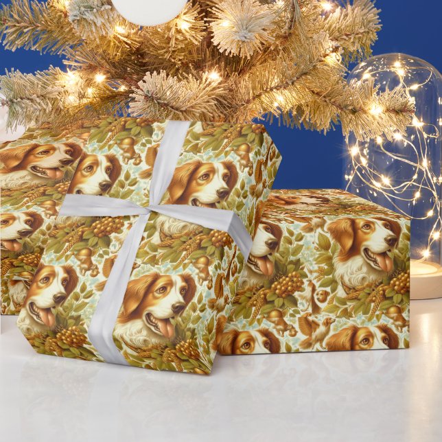 Vintage Brittany Dog Painting Wrapping Paper (Holidays)