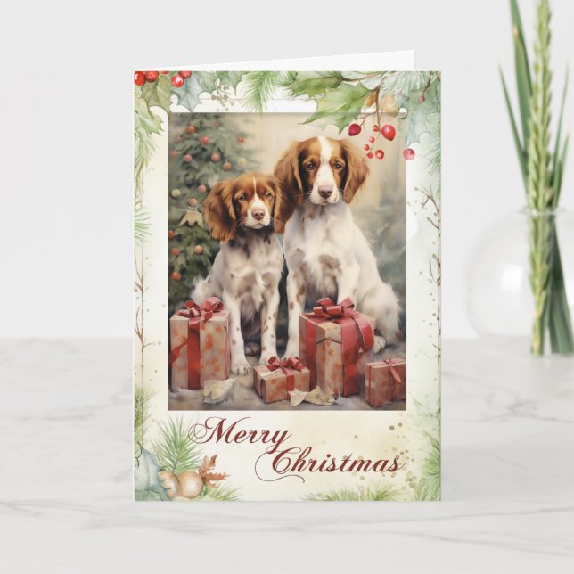 Vintage Brittany Spaniel Christmas Holiday Card (Front)