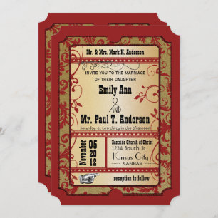 Vintage Broadway Red and Gold Movie Ticket Wedding Invitation