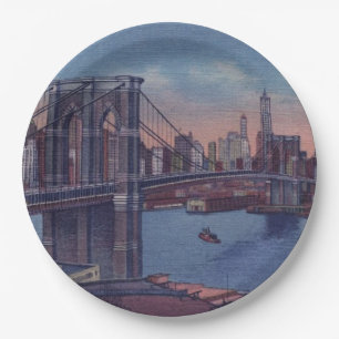 Vintage Brooklyn Bridge Art Painting Paper Plate