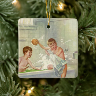 Vintage Brothers, Children, Boys Splashing in Tub, Ceramic Tree Decoration
