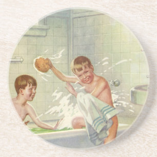 Vintage Brothers, Children, Boys Splashing in Tub, Coaster