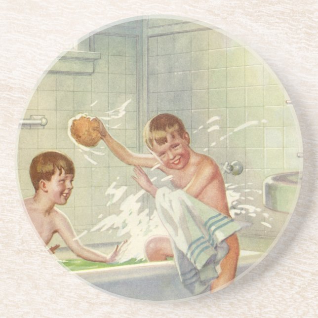 Vintage Brothers, Children, Boys Splashing in Tub, Coaster (Front)
