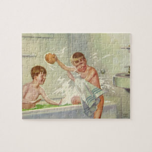 Vintage Brothers, Children, Boys Splashing in Tub, Jigsaw Puzzle