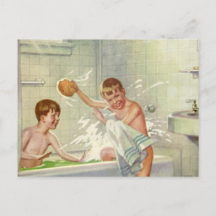 Vintage Brothers, Children, Boys Splashing in Tub, Postcard