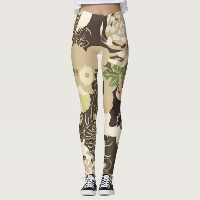 Vintage brown and beige flowers and birds leggings (Front)