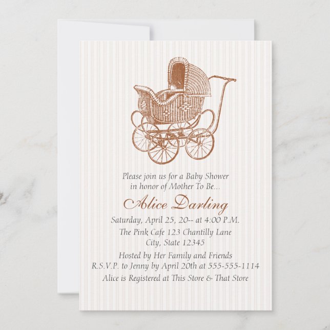 Vintage Brown Baby Carriage Baby Shower Invitation (Front)